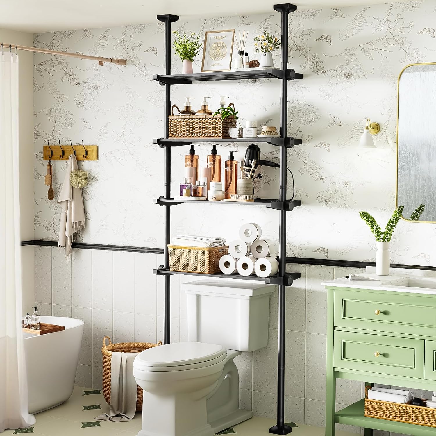 Adjustable Tension Pole Shelving, 4-Tier, No Drill